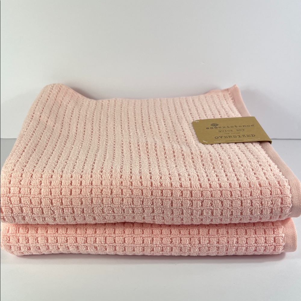 2pc Ecoexistence Bath Towel Set Pink Oversized Waffle 100% Cotton 29" x 56" NEW